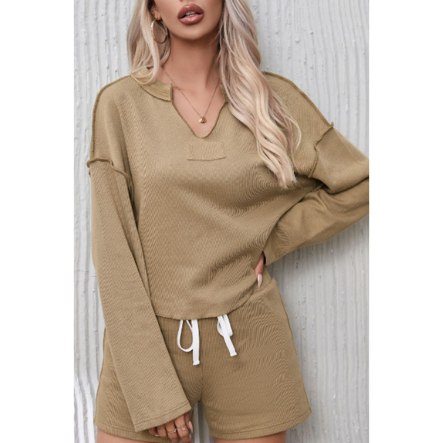 Exposed Seam Long Sleeve Top and Drawstring Shorts Set Mocha / S Apparel and Accessories