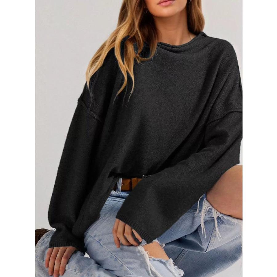 Exposed Seam Mock Neck Knit Top Black / S Apparel and Accessories