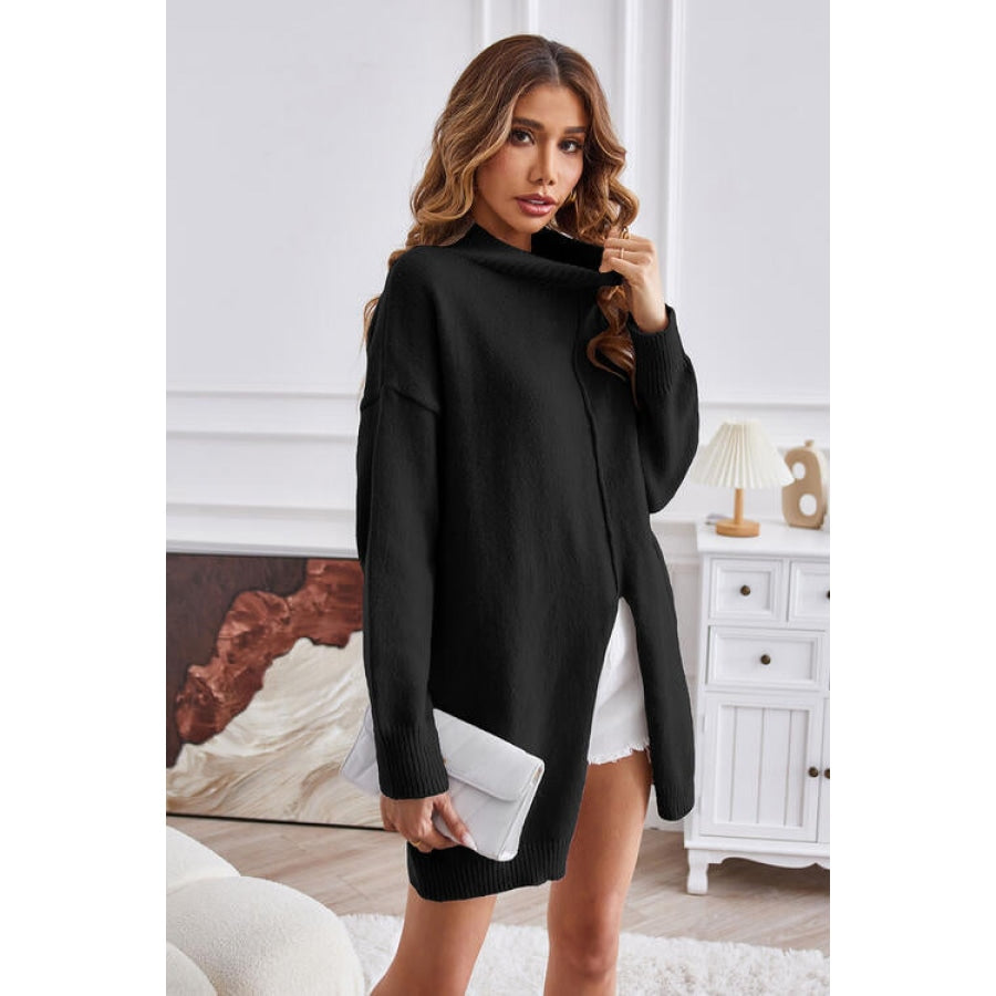 Exposed Seam Mock Neck Slit Sweater Black / S