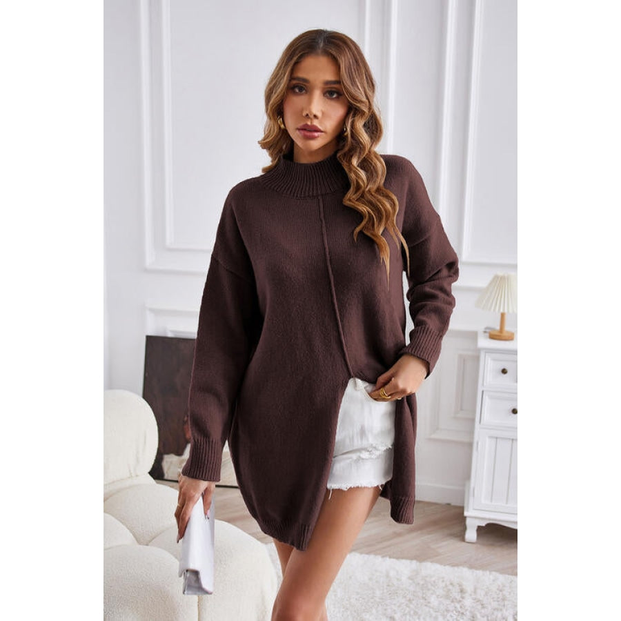 Exposed Seam Mock Neck Slit Sweater Chestnut / S