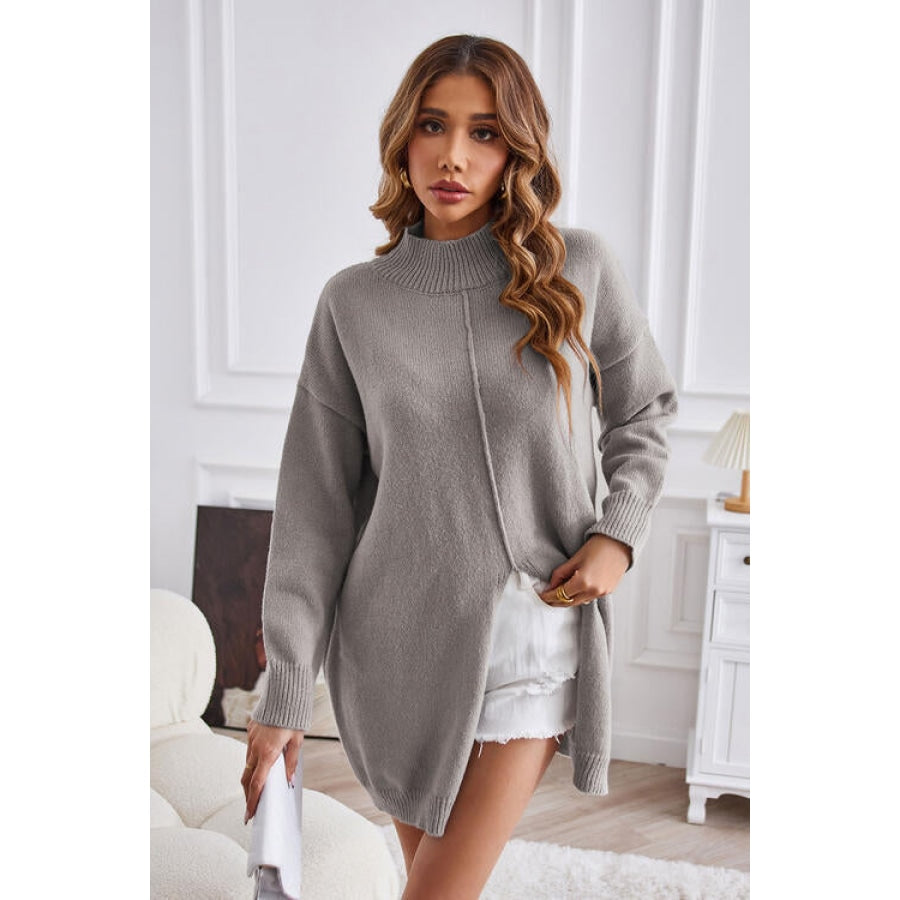 Exposed Seam Mock Neck Slit Sweater