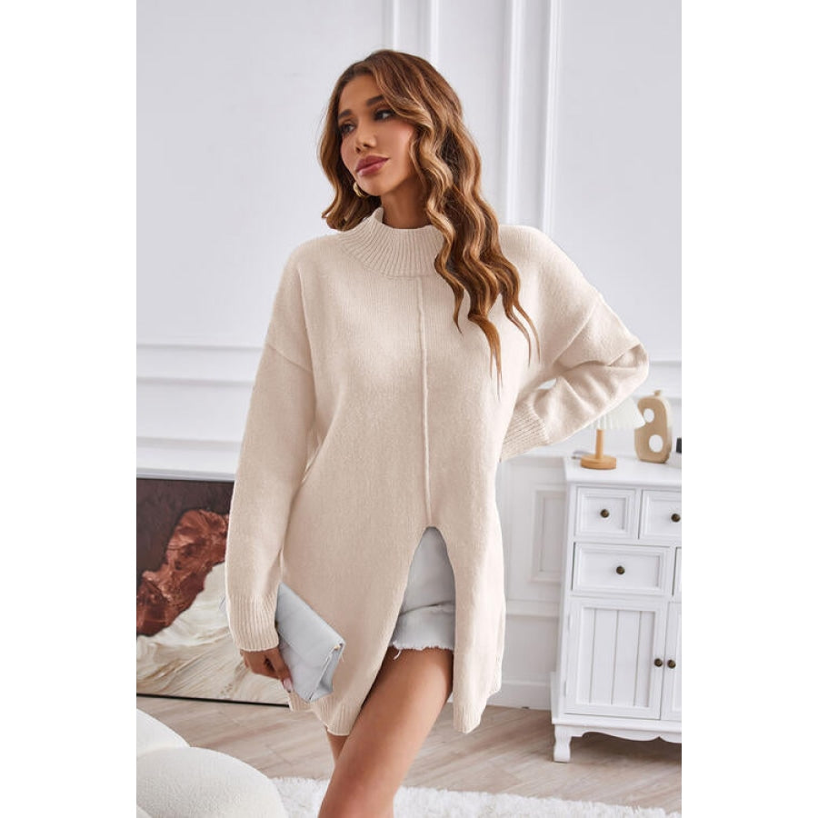 Exposed Seam Mock Neck Slit Sweater