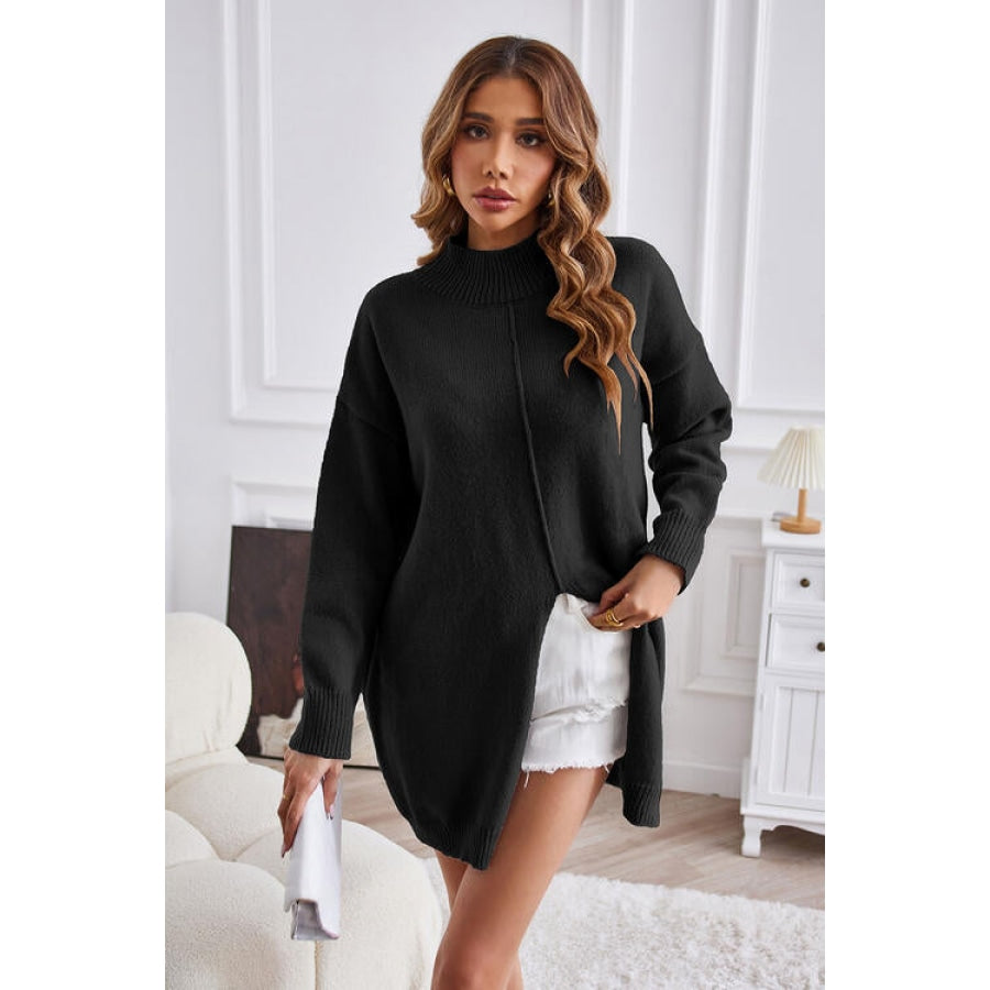 Exposed Seam Mock Neck Slit Sweater