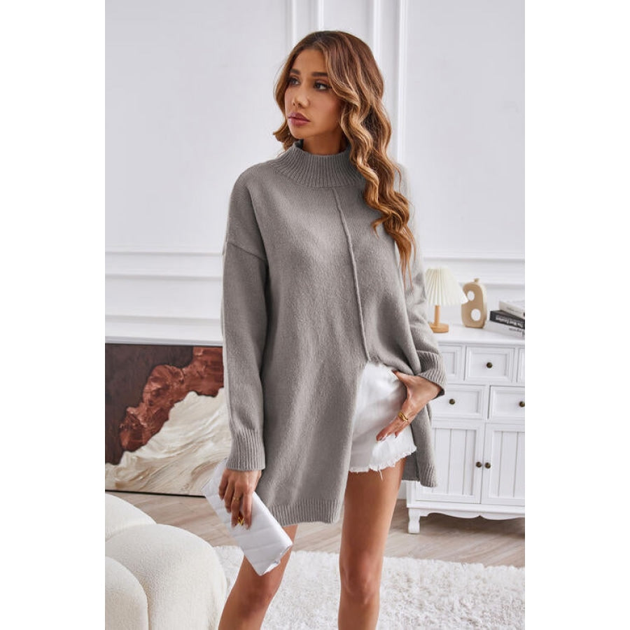 Exposed Seam Mock Neck Slit Sweater