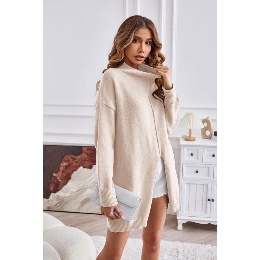 Exposed Seam Mock Neck Slit Sweater