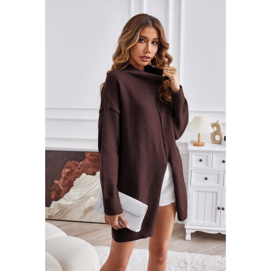 Exposed Seam Mock Neck Slit Sweater