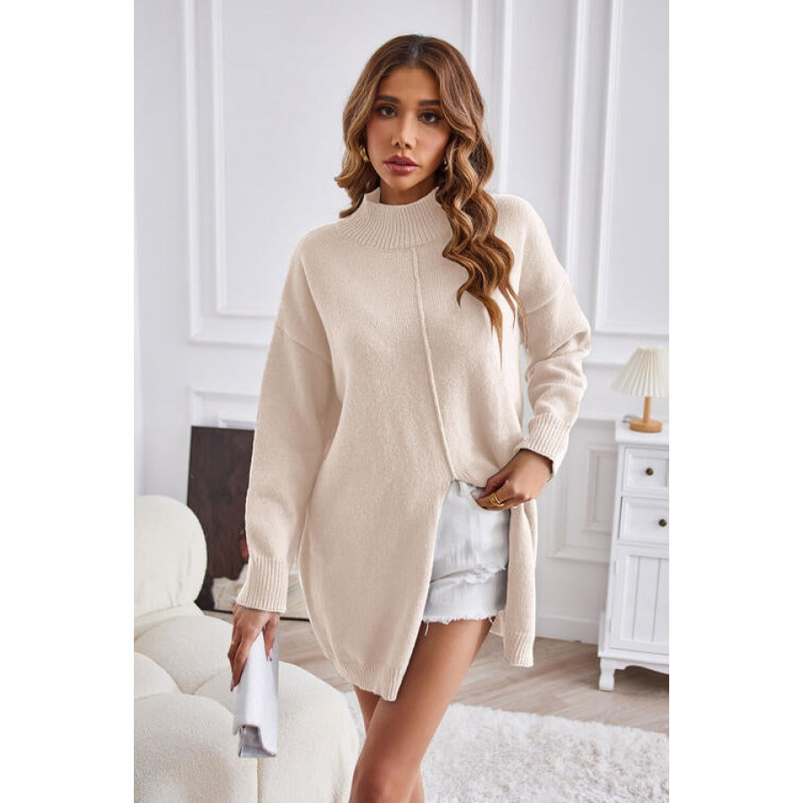 Exposed Seam Mock Neck Slit Sweater