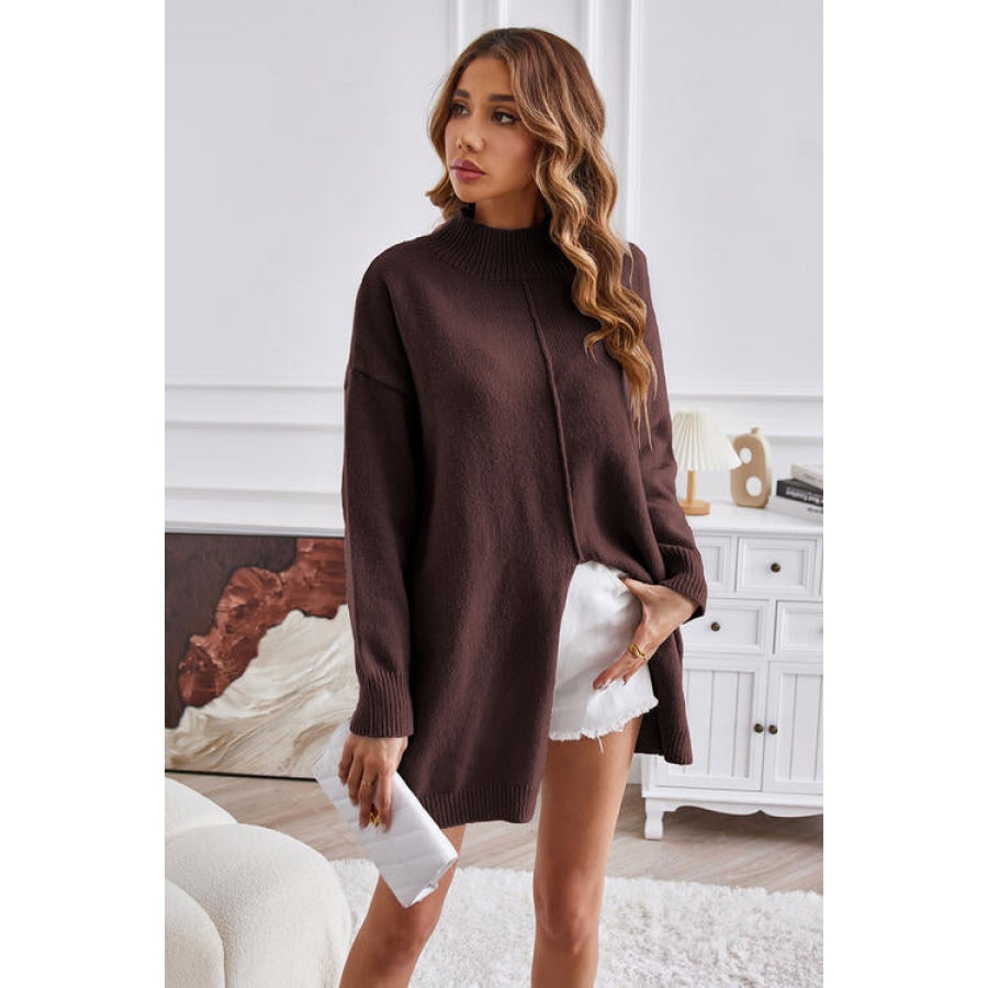 Exposed Seam Mock Neck Slit Sweater