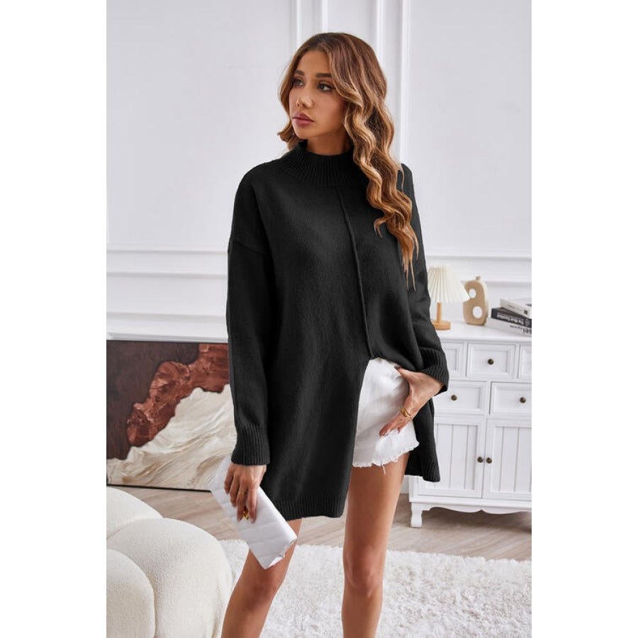 Exposed Seam Mock Neck Slit Sweater