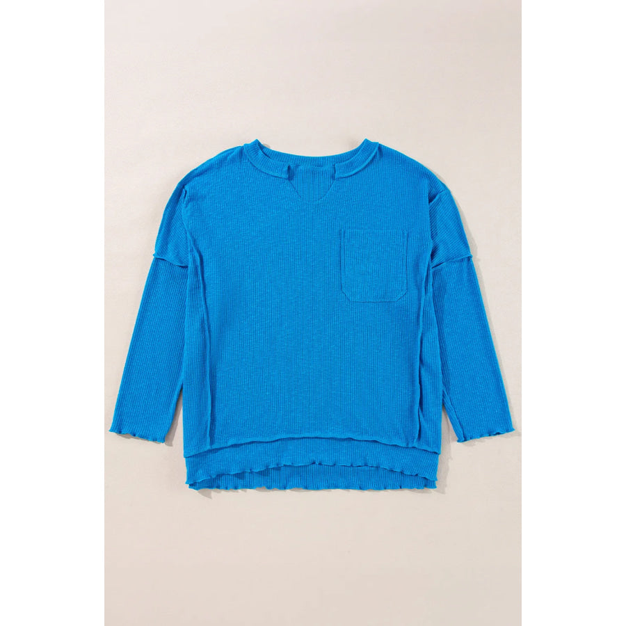 Exposed Seam Notched Long Sleeve Blouse Sky Blue / S Apparel and Accessories