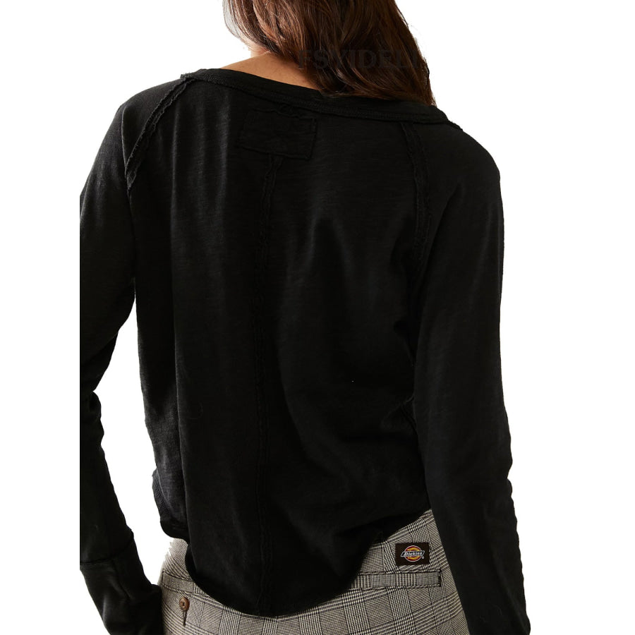 Exposed Seam Notched Long Sleeve T-Shirt Apparel and Accessories