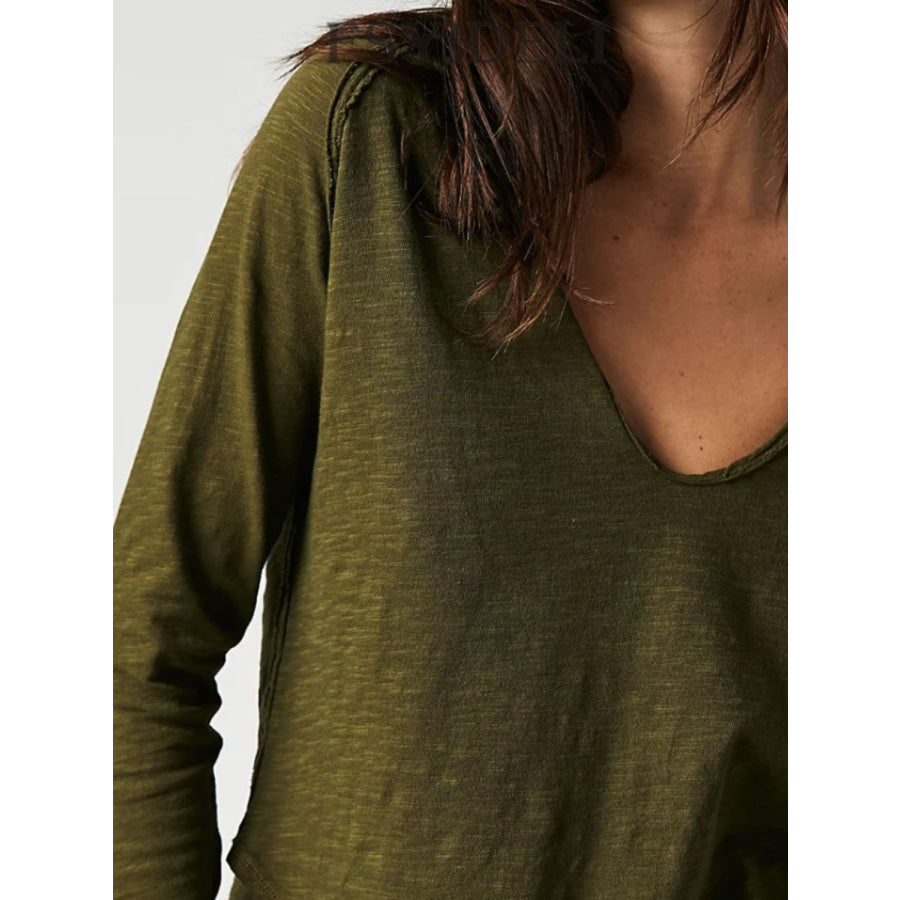 Exposed Seam Notched Long Sleeve T-Shirt Apparel and Accessories