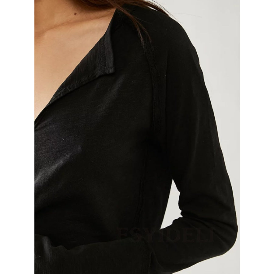 Exposed Seam Notched Long Sleeve T-Shirt Apparel and Accessories