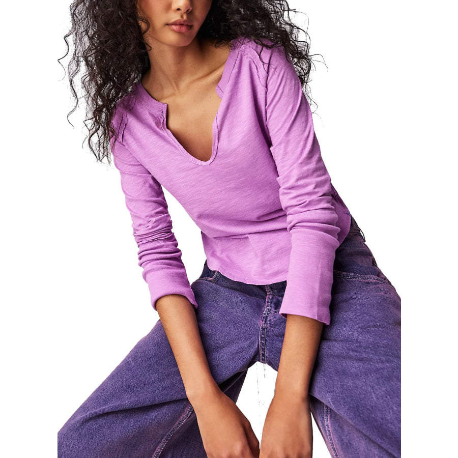 Exposed Seam Notched Long Sleeve T-Shirt Apparel and Accessories