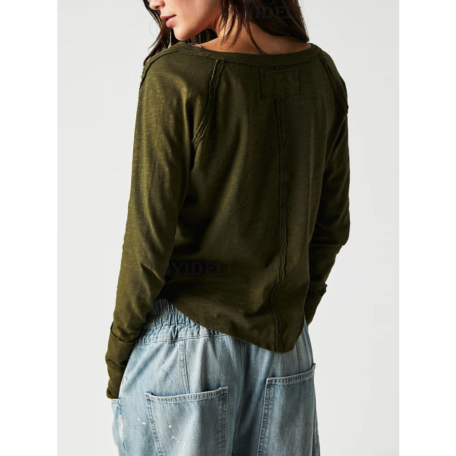 Exposed Seam Notched Long Sleeve T-Shirt Army Green / S Apparel and Accessories