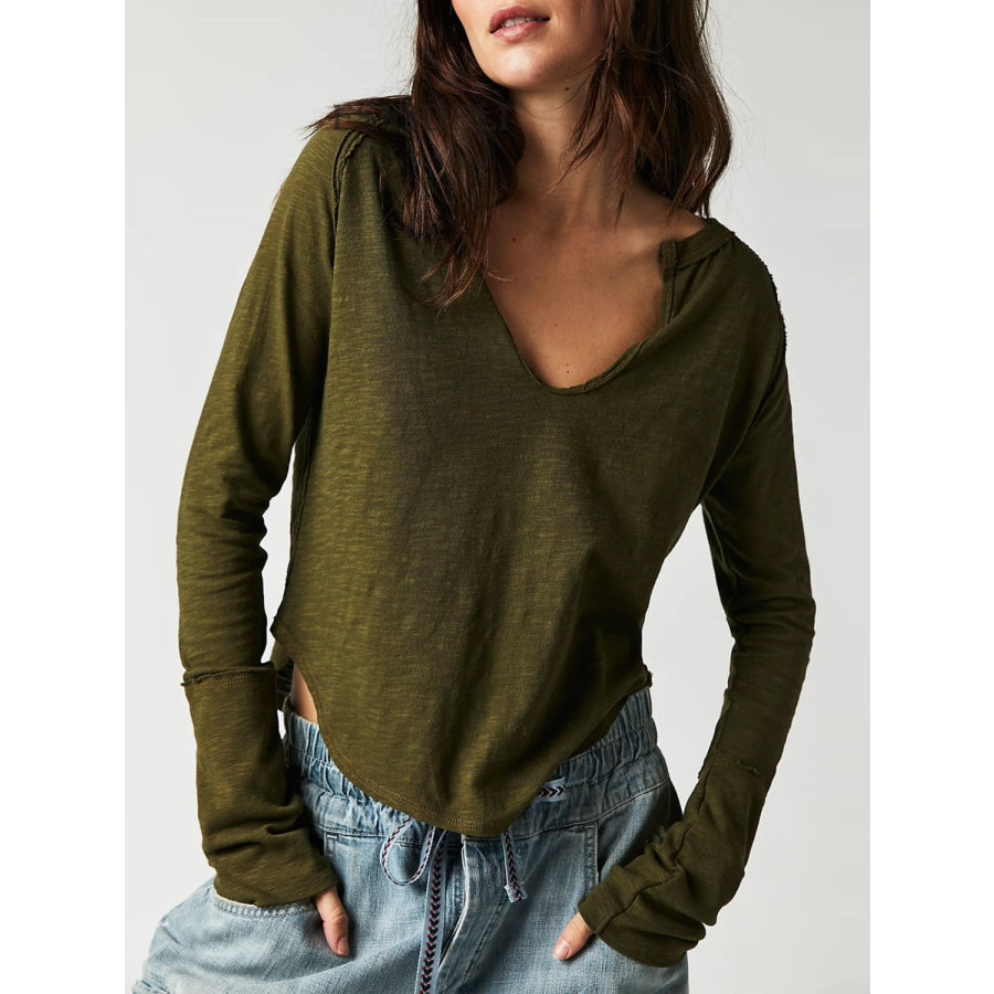 Exposed Seam Notched Long Sleeve T-Shirt Army Green / S Apparel and Accessories