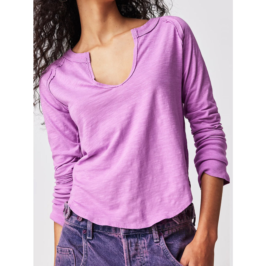 Exposed Seam Notched Long Sleeve T-Shirt Lilac / S Apparel and Accessories