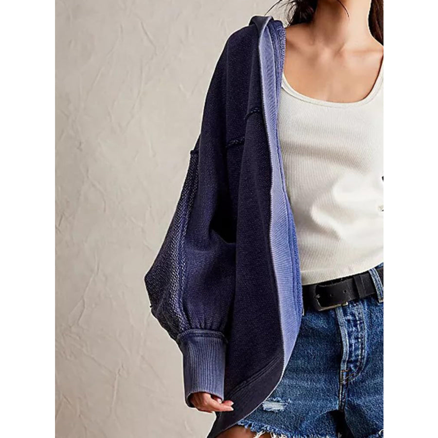 Exposed Seam Open Front Batwing Sleeve Hooded Cardigan Apparel and Accessories