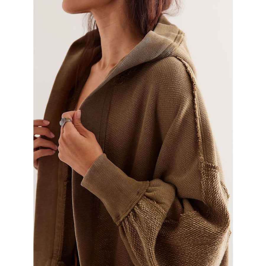 Exposed Seam Open Front Batwing Sleeve Hooded Cardigan Apparel and Accessories