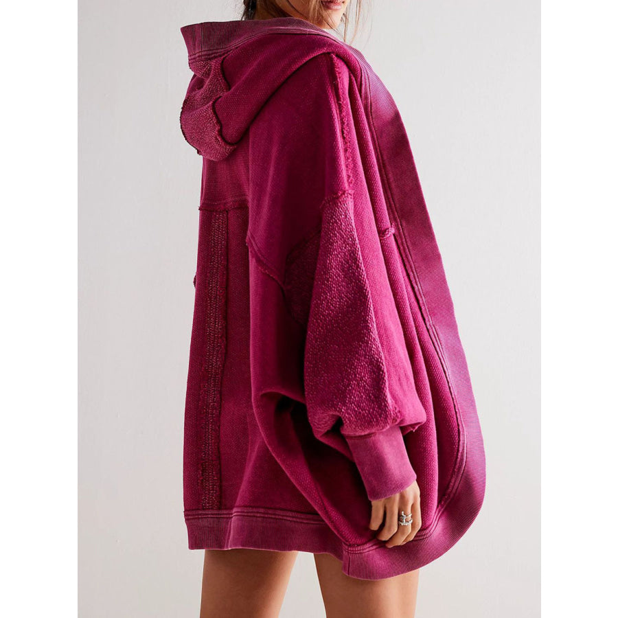 Exposed Seam Open Front Batwing Sleeve Hooded Cardigan Apparel and Accessories