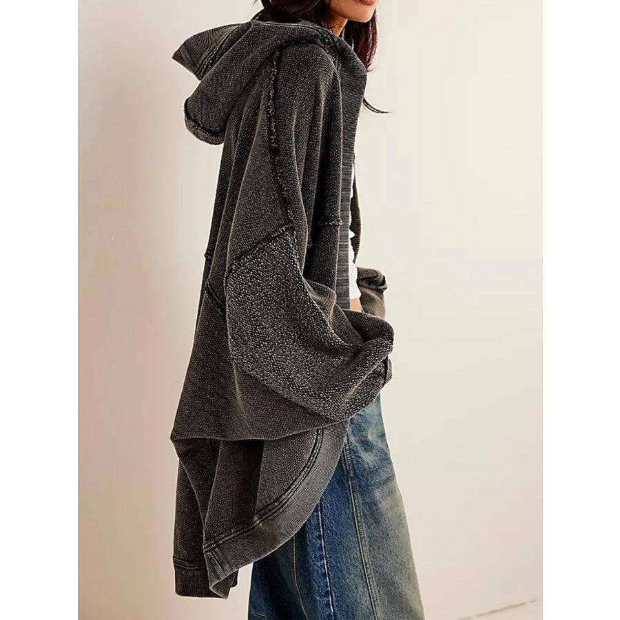 Exposed Seam Open Front Batwing Sleeve Hooded Cardigan Apparel and Accessories