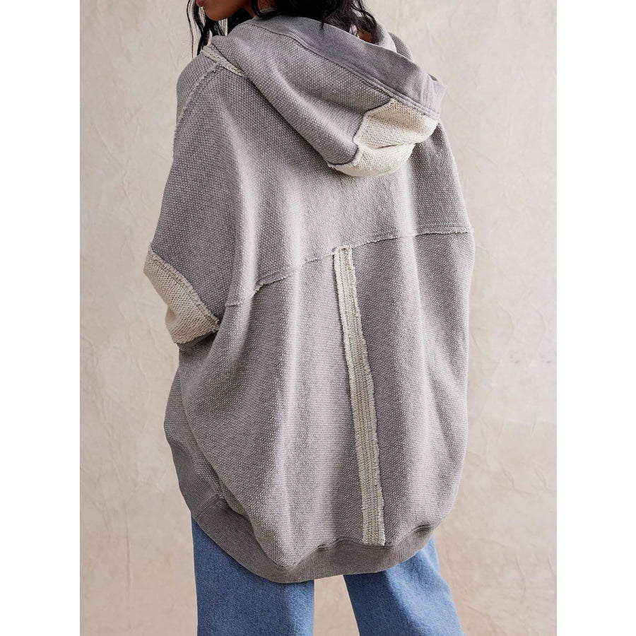 Exposed Seam Open Front Batwing Sleeve Hooded Cardigan Apparel and Accessories