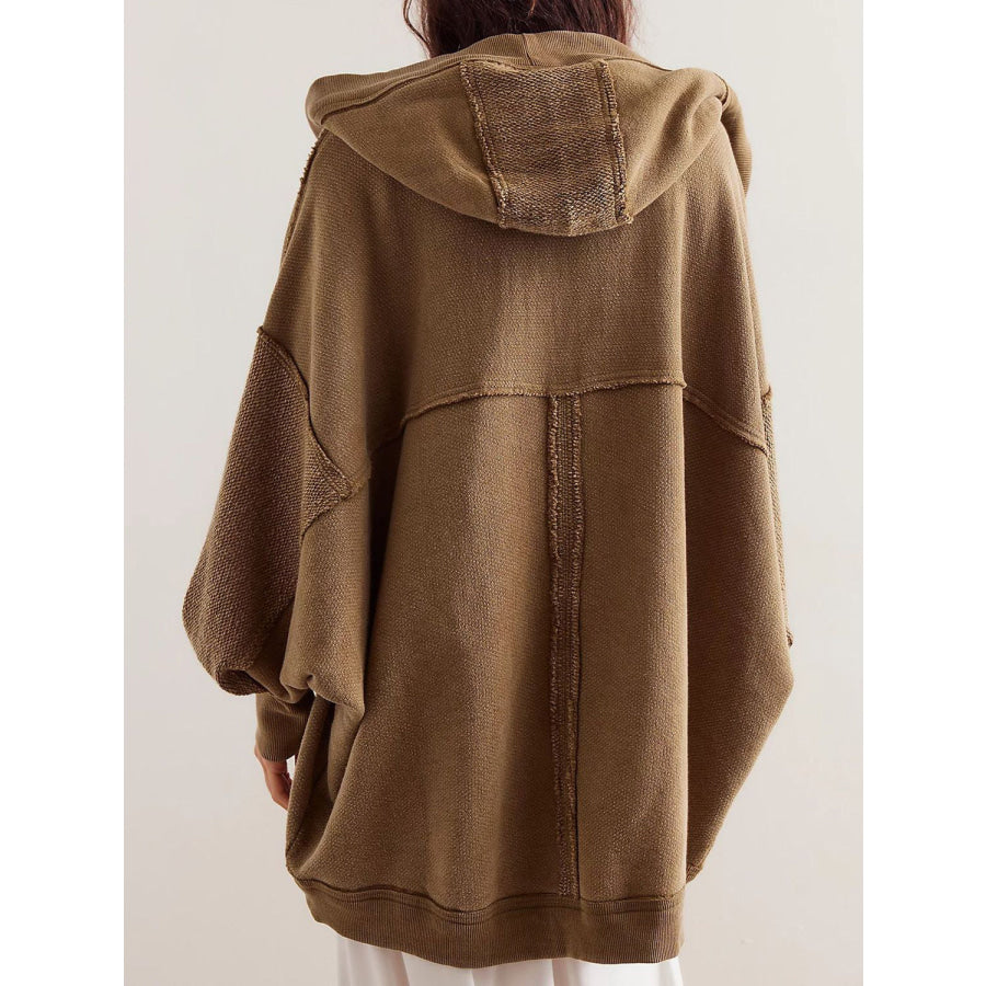 Exposed Seam Open Front Batwing Sleeve Hooded Cardigan Apparel and Accessories