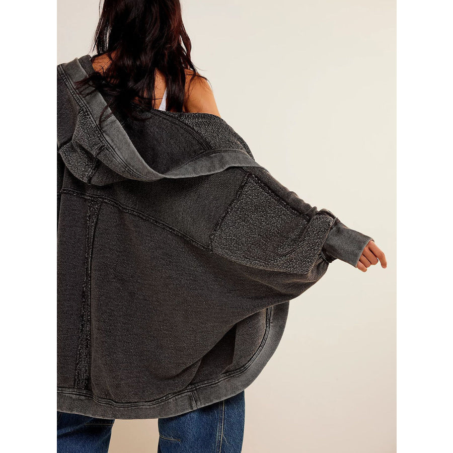 Exposed Seam Open Front Batwing Sleeve Hooded Cardigan Apparel and Accessories