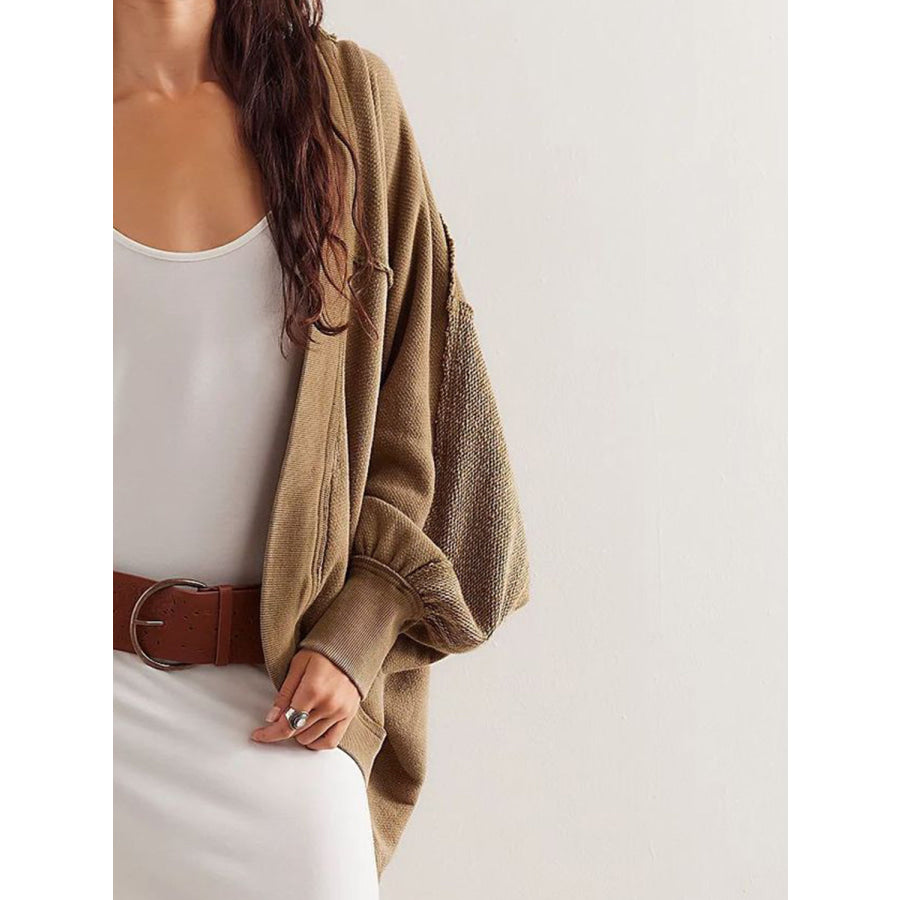 Exposed Seam Open Front Batwing Sleeve Hooded Cardigan Apparel and Accessories