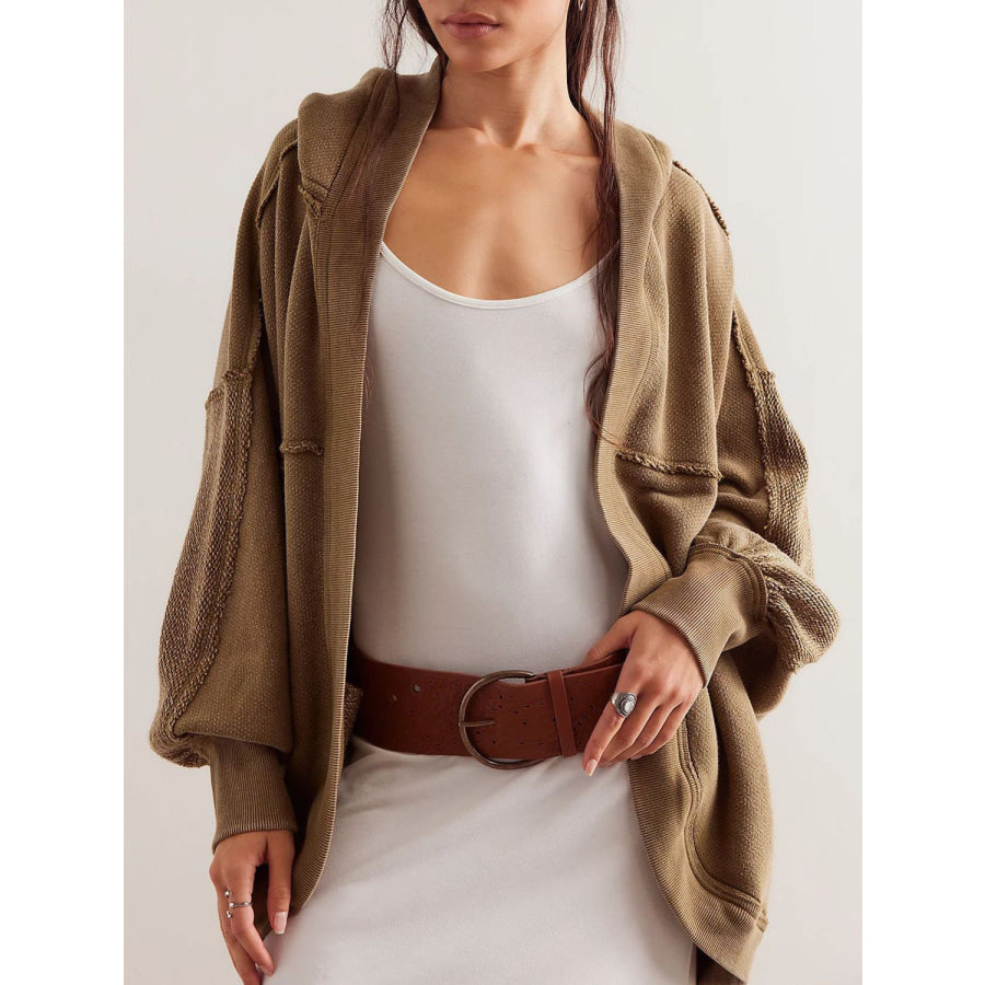 Exposed Seam Open Front Batwing Sleeve Hooded Cardigan Coffee Brown / S Apparel and Accessories