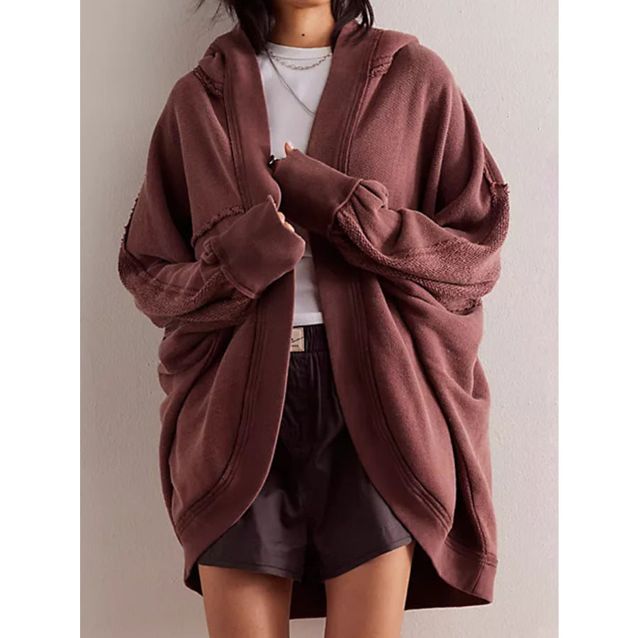 Exposed Seam Open Front Batwing Sleeve Hooded Cardigan Dark Brown / S Apparel and Accessories