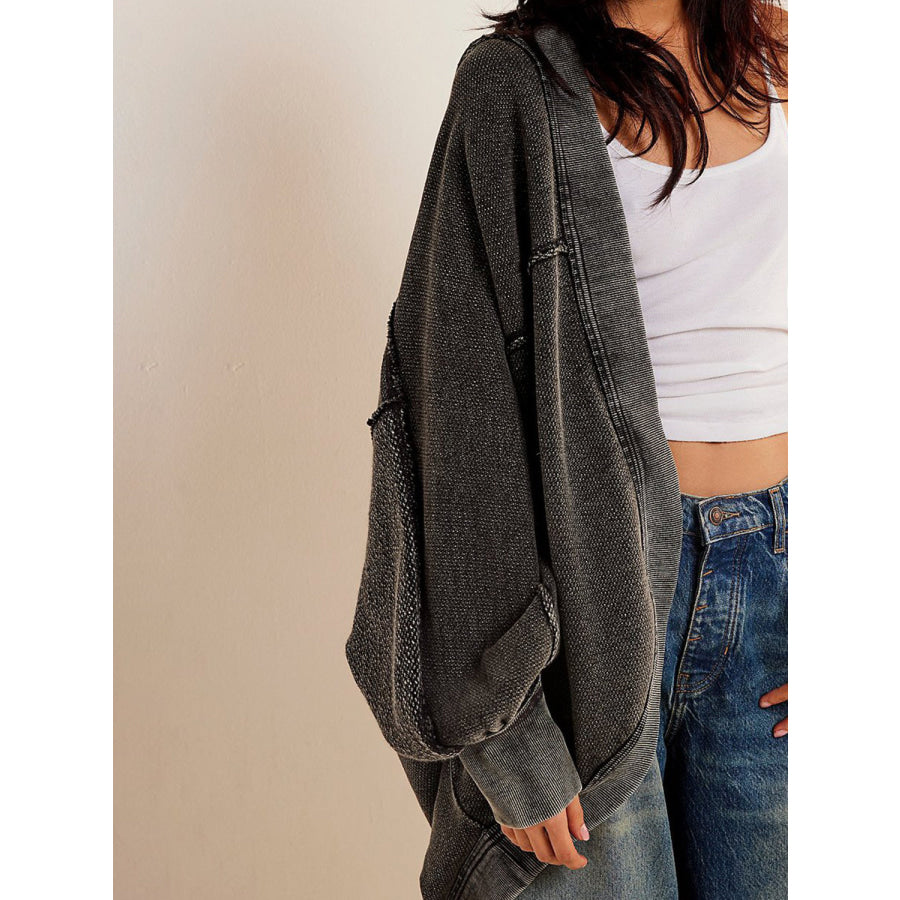 Exposed Seam Open Front Batwing Sleeve Hooded Cardigan Dark Gray / S Apparel and Accessories