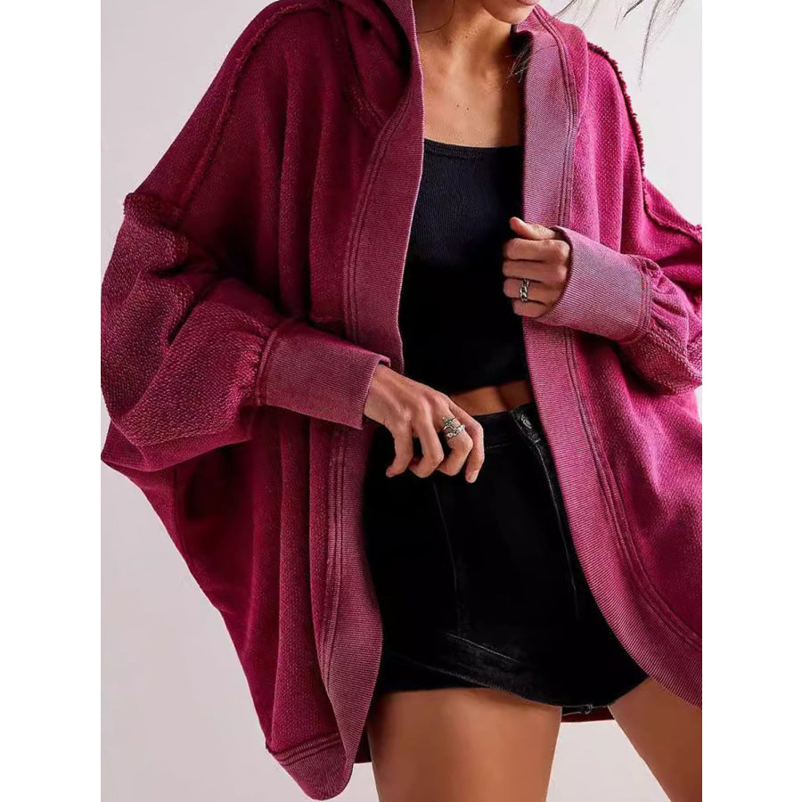 Exposed Seam Open Front Batwing Sleeve Hooded Cardigan Deep Purple / S Apparel and Accessories