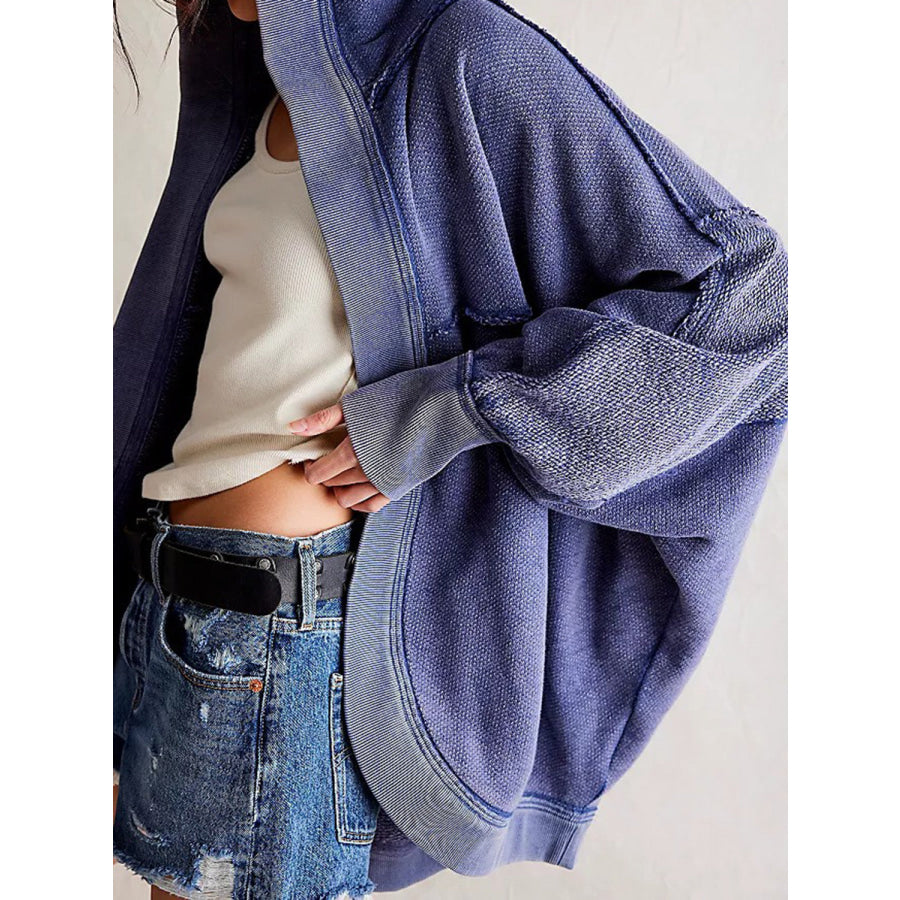 Exposed Seam Open Front Batwing Sleeve Hooded Cardigan Dusty Blue / S Apparel and Accessories