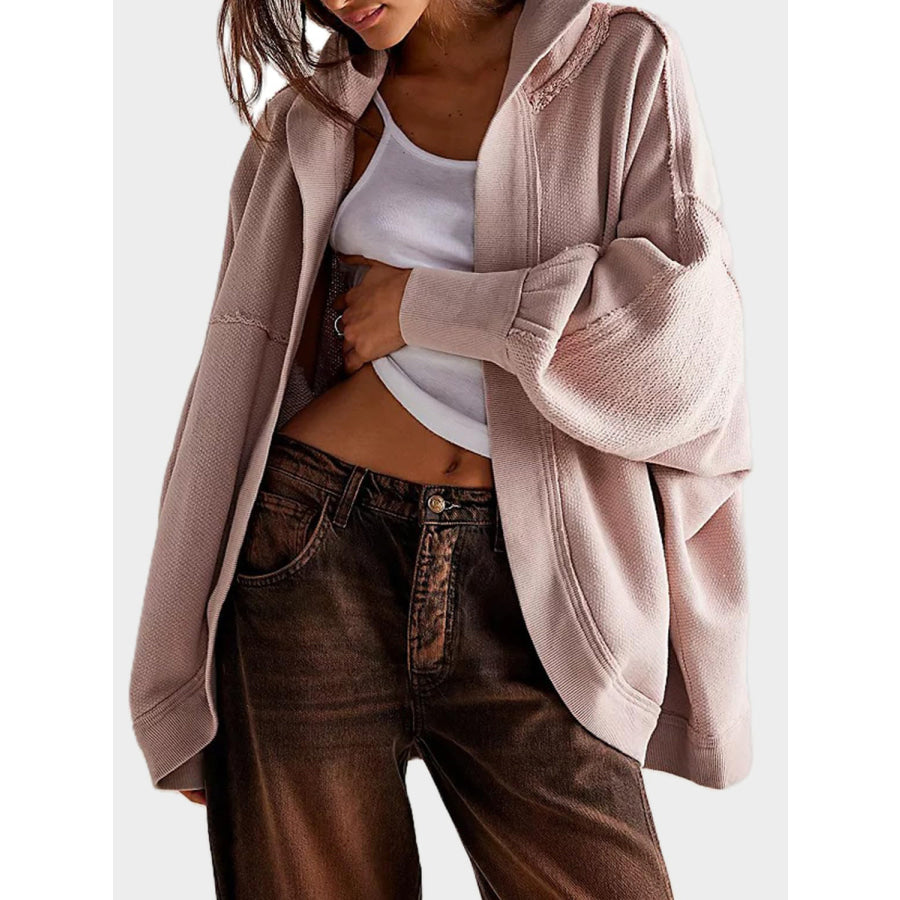 Exposed Seam Open Front Batwing Sleeve Hooded Cardigan Dusty Pink / S Apparel and Accessories