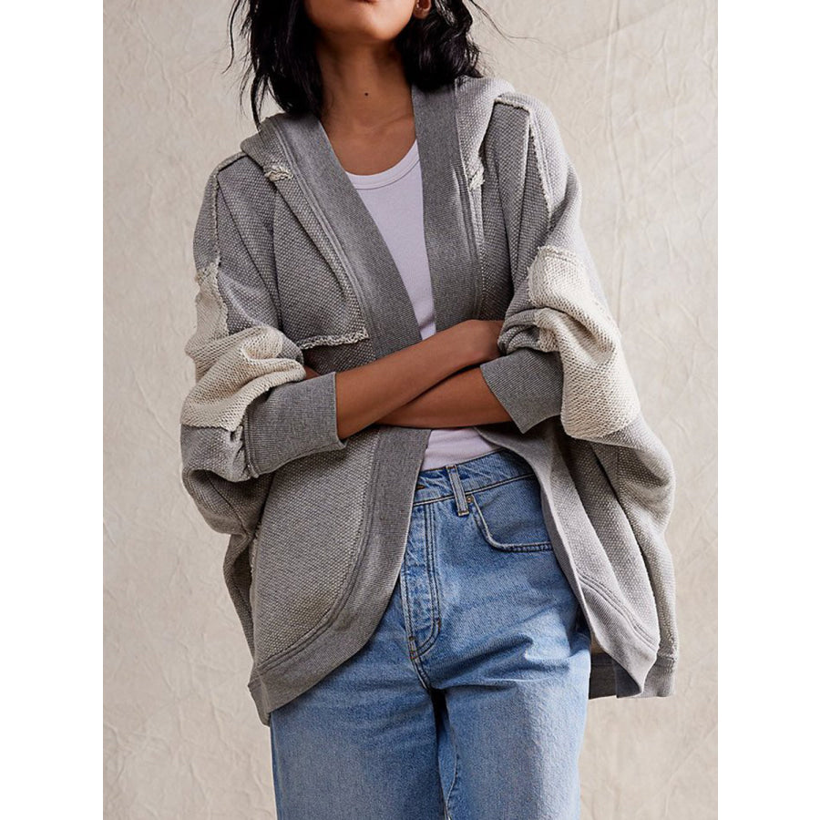 Exposed Seam Open Front Batwing Sleeve Hooded Cardigan Gray / S Apparel and Accessories