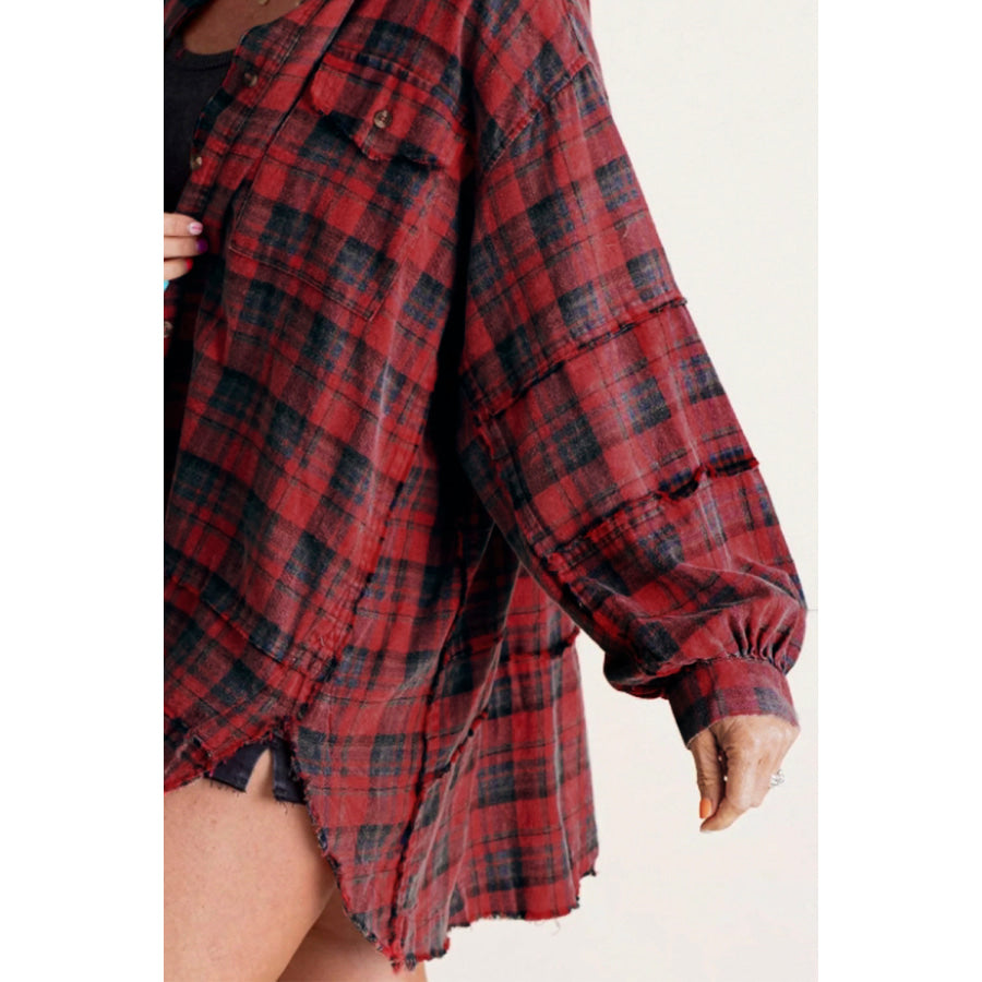 Exposed Seam Plaid Collared Neck Long Sleeve Shirt Apparel and Accessories