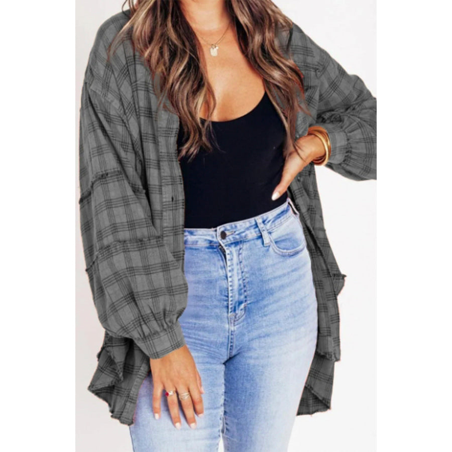 Exposed Seam Plaid Collared Neck Long Sleeve Shirt Apparel and Accessories