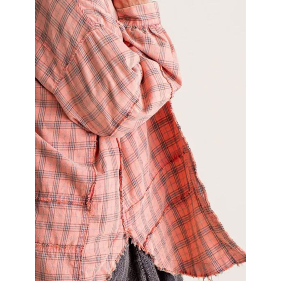 Exposed Seam Plaid Collared Neck Long Sleeve Shirt Apparel and Accessories