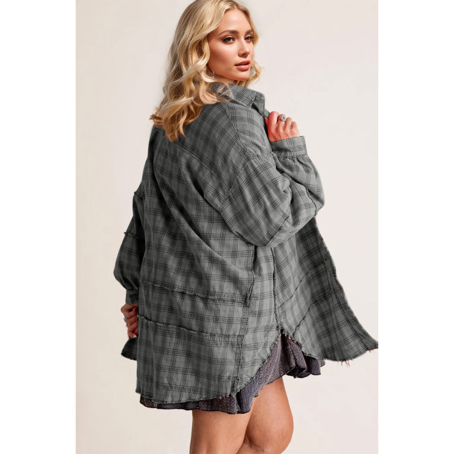 Exposed Seam Plaid Collared Neck Long Sleeve Shirt Apparel and Accessories