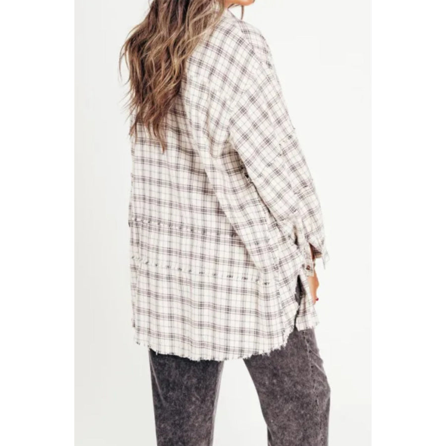 Exposed Seam Plaid Collared Neck Long Sleeve Shirt Apparel and Accessories