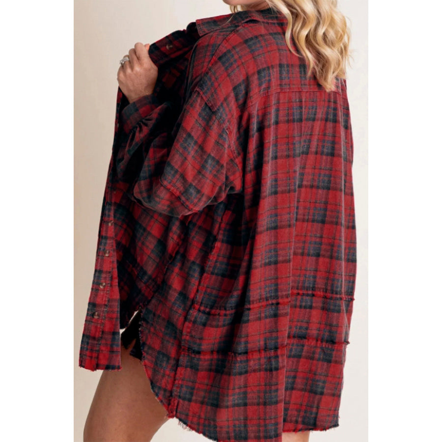 Exposed Seam Plaid Collared Neck Long Sleeve Shirt Apparel and Accessories