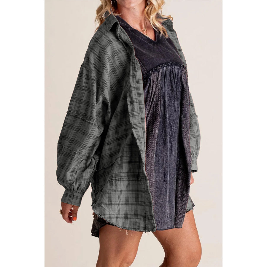 Exposed Seam Plaid Collared Neck Long Sleeve Shirt Dark Gray / S Apparel and Accessories