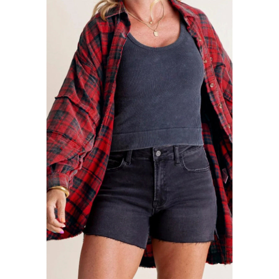 Exposed Seam Plaid Collared Neck Long Sleeve Shirt Deep Red / S Apparel and Accessories