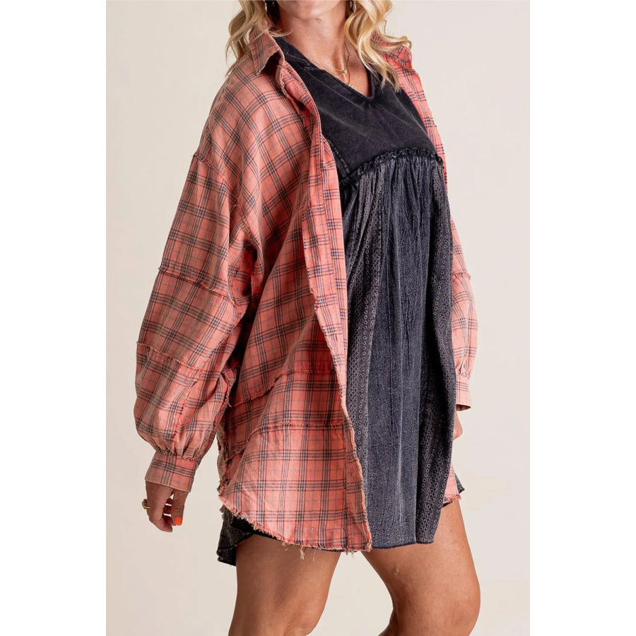 Exposed Seam Plaid Collared Neck Long Sleeve Shirt Dusty Pink / S Apparel and Accessories