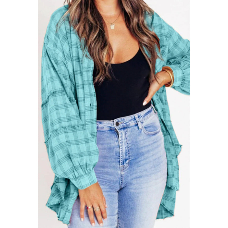 Exposed Seam Plaid Collared Neck Long Sleeve Shirt Pastel Blue / S Apparel and Accessories