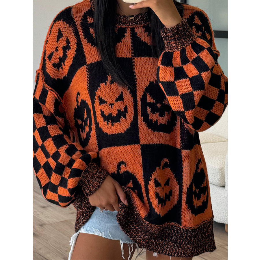 Exposed Seam Pumpkin Round Neck Long Sleeve Sweater Apparel and Accessories