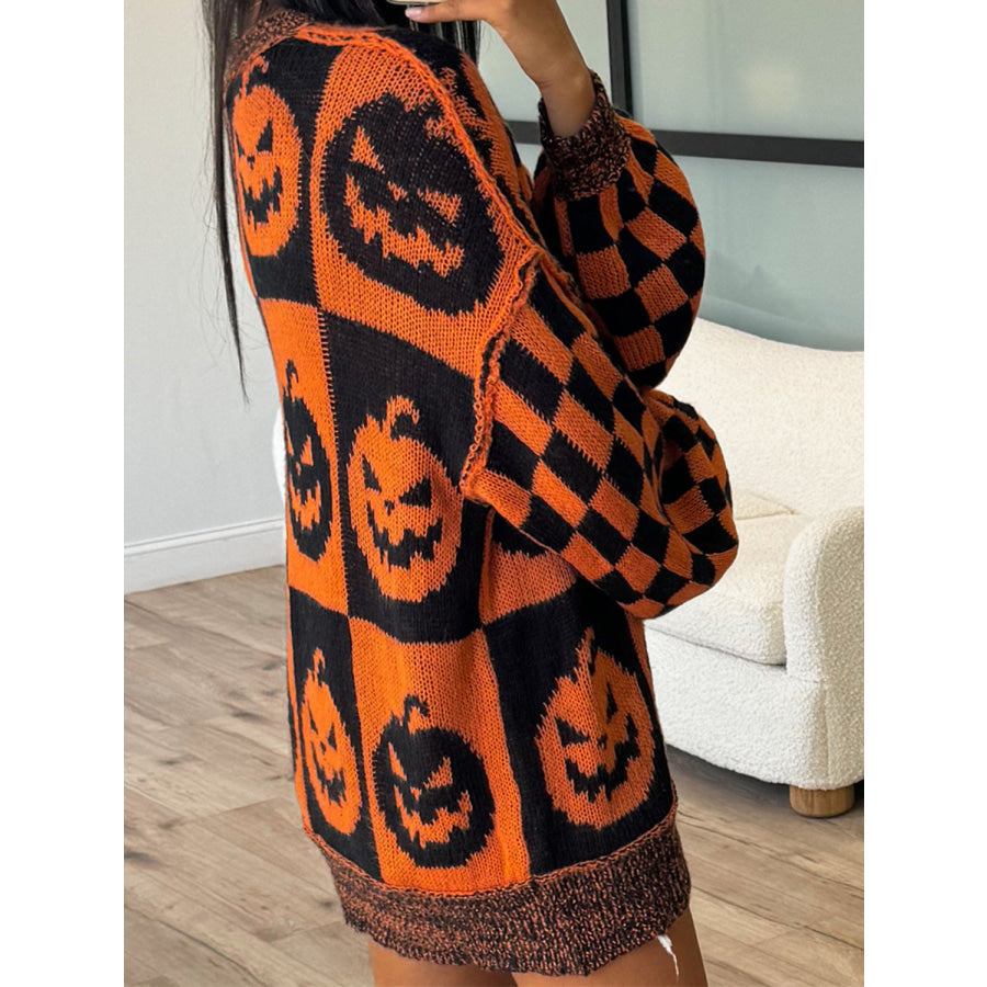 Exposed Seam Pumpkin Round Neck Long Sleeve Sweater Apparel and Accessories