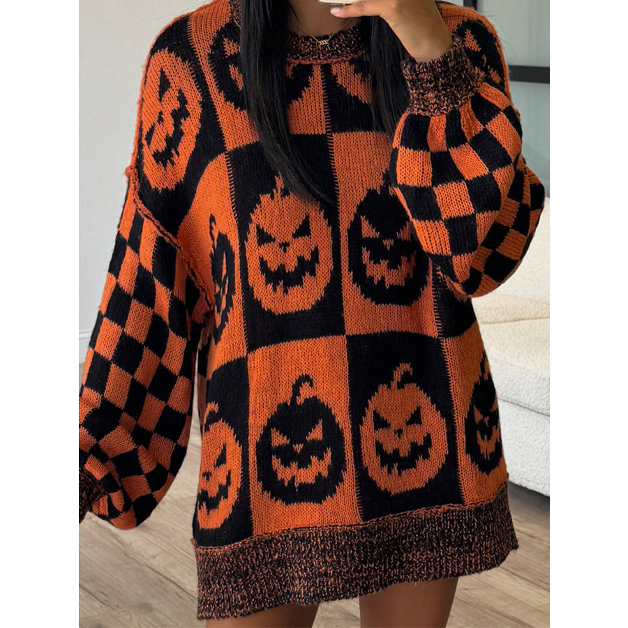 Exposed Seam Pumpkin Round Neck Long Sleeve Sweater Ochre / S Apparel and Accessories