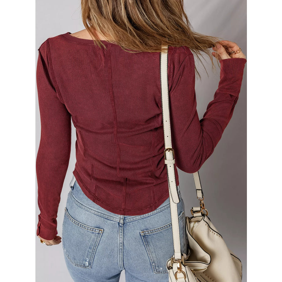 Exposed Seam Ribbed Long Sleeve Top Apparel and Accessories